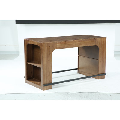 63" Solid Wood Counter Height Bar Table with Storage Shelves for Dining Room
