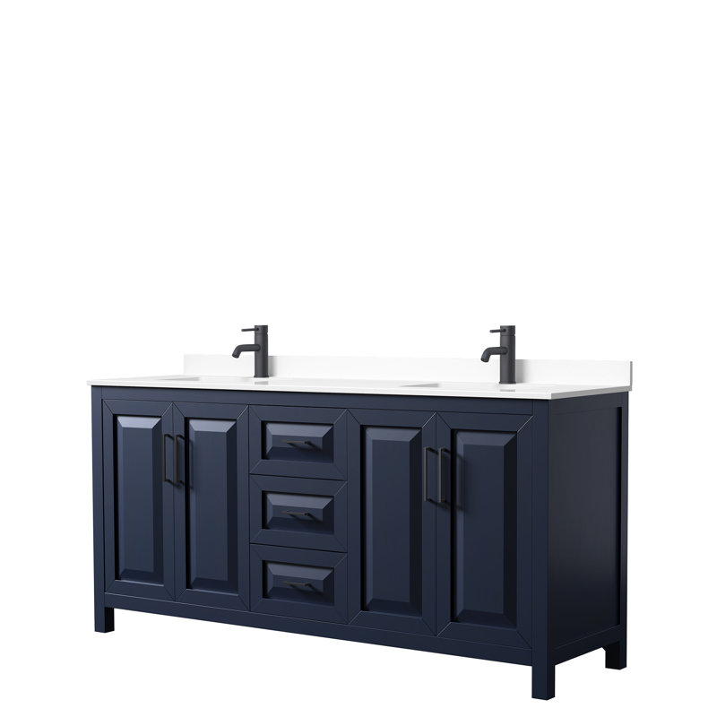 Daria 72'' W Double Vanity, Dark Blue, White Cultured Marble, Matte Black