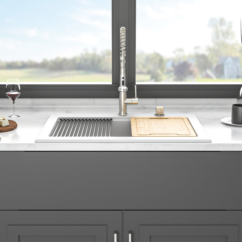 Évier de cuisine blanc 30 po x 22 po encastré en composite de granit, surface anti-rayures