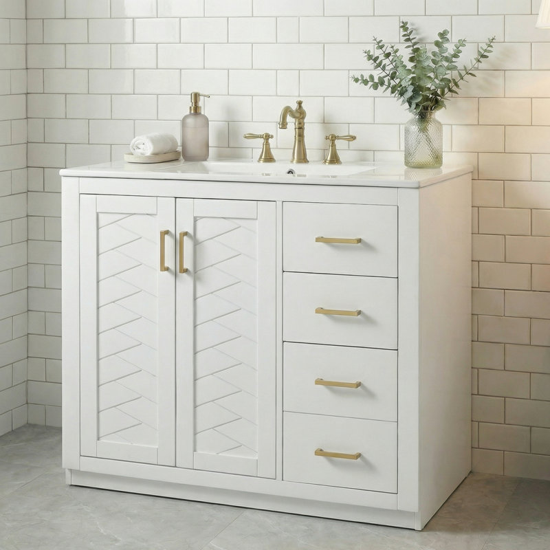 36" Bathroom Vanity With Integrated Sink, 2 Door Cabinet & 3 Storage Drawers, Soft-Close Hardware, Painted Finish, White
