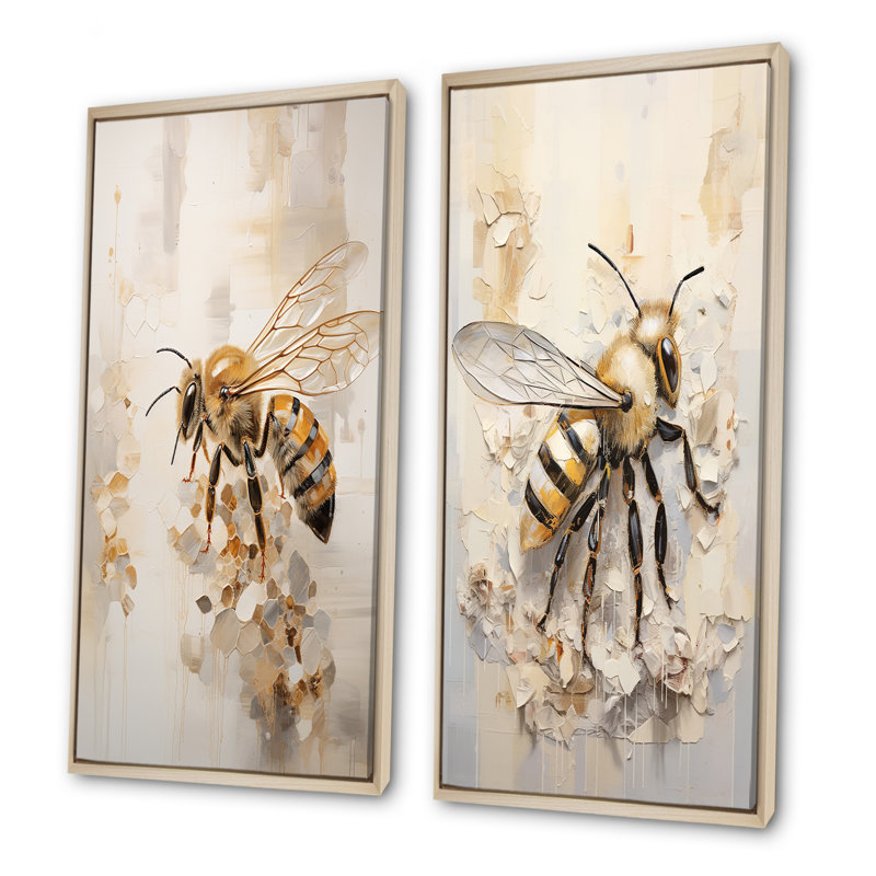 Minimalisme Buzzing Bee - ensemble de 2 décorations murales abeilles, Encadrement brun, H 40 po x l 41 po
