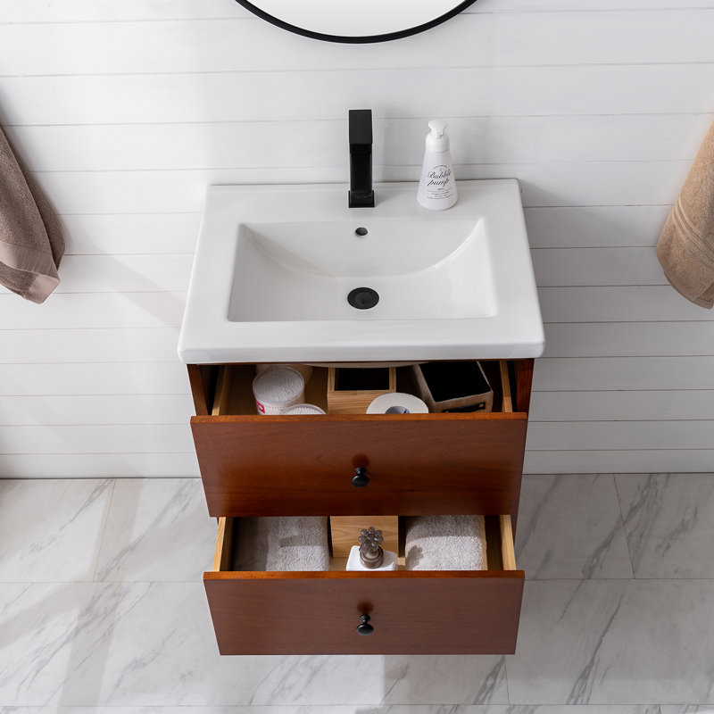 Mahkenzie 24 Inch Teak Mid Century Bathroom Vanity With Porcelain Top And Dovetail Drawers
