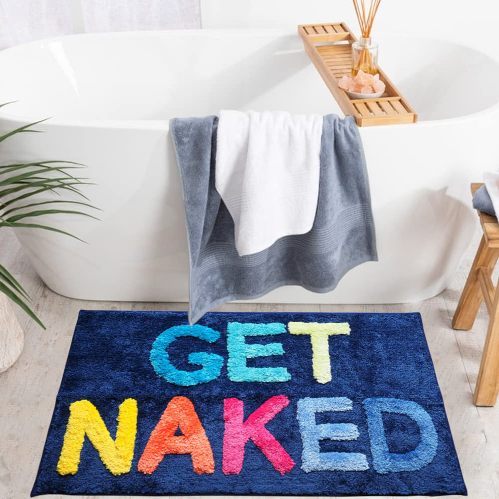 Trinx Get Naked Bath Mat Funny Cute Bathroom Rugs Blue Rainbow