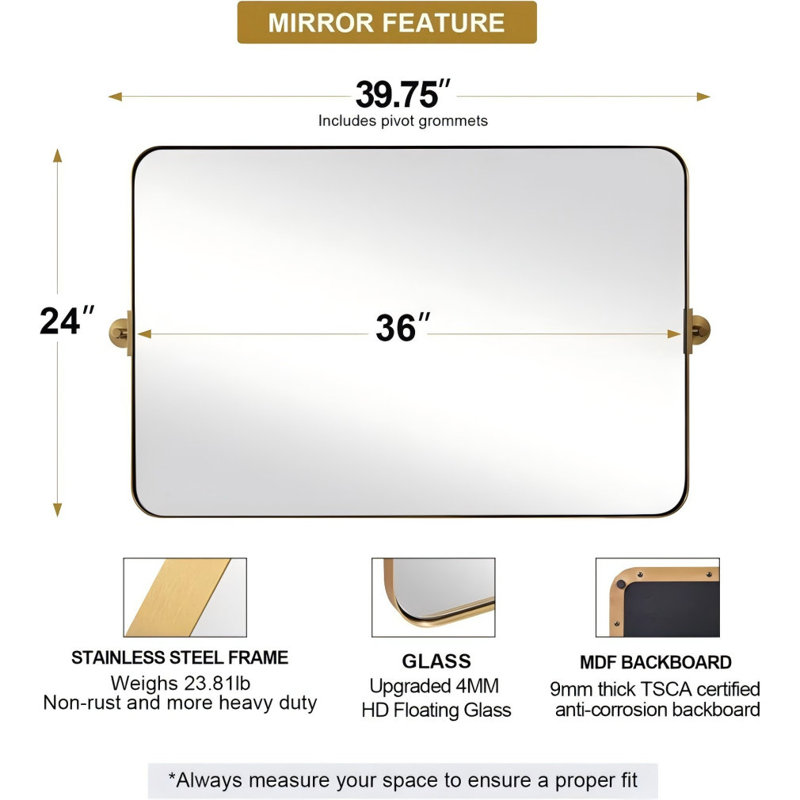 Miroir de salle de bain contemporain pivotant avec inclinaison réglable | Cadre en acier inoxydable, Or brossé, 36 po x 24 po