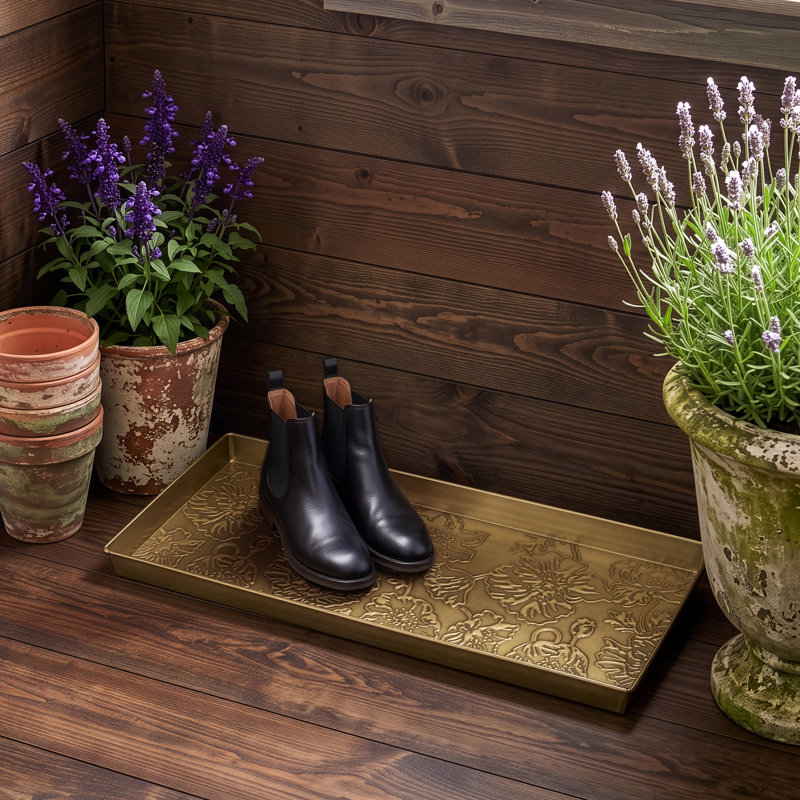 Poppies Antique 30" x 13" Indoor Boot Tray, Antique Brass