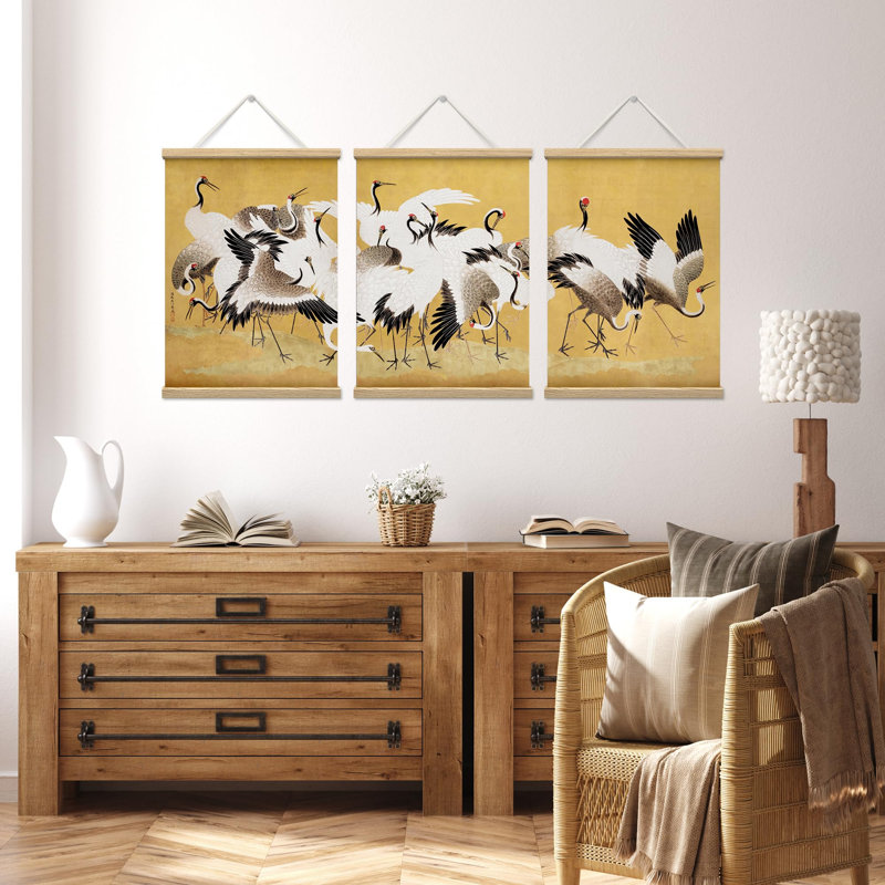 Lumineux animaux BCBG, majestueuses grues en mouvement, affiche murale asiatique traditionnelle, encadrée en bois