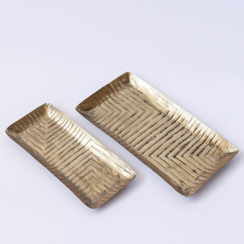 Set Of 2 Antique Gold Colour With Linear Design Decorative Trays