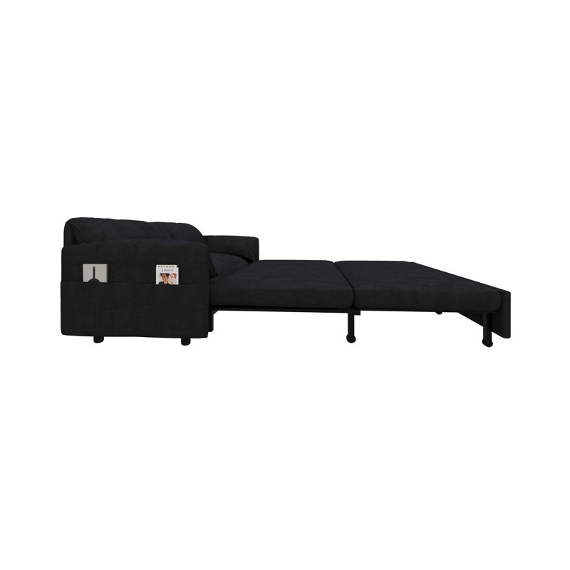 63.8" Queen Pull Out Sofa Bed, 3-in-1 Convertible Sleeper Sofa with Side Storage, Black