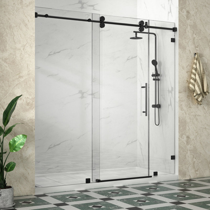 Radiancexl 92 To 96 In. W X 76 In. H Single Sliding Frameless Shower Door In Chrome With 3/8" Clear Glass, Matte Black