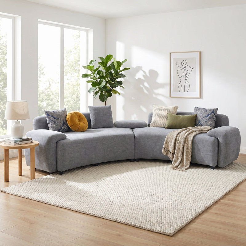 Canapé modulaire courbé gris 122 po avec 2 coussins à motif damassé, canapé demi-lune moderne et canapé 4 places contemporain pour salon, bureau et appartement