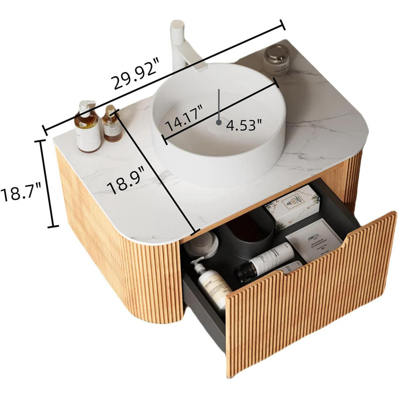 24" Small Wall Mounted Floating Bathroom Vanity with Large Drawer, No Assembly Required, Brown