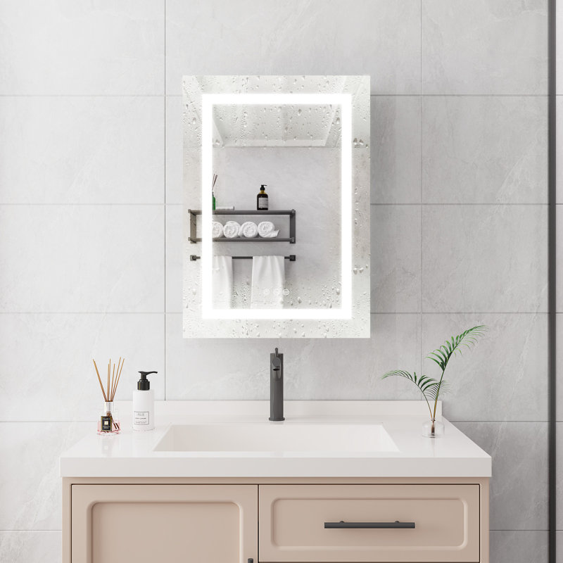 Armoire de salle de bain 20 "x 28" avec miroir mural - lumières DEL. Brouillard, imperméable, à intensité variable. 3000K 6000K, interrupteur tactile, tablette à intensité variable, style américain, 2 tablettes