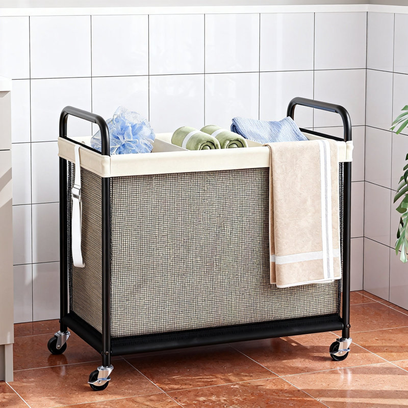 Laundry Hamper 3 Section, Rolling Laundry Sorter With Removable Liner Bag, Laundry Basket With Wheels, Steel Frame With Metal Handle, Clothes Hamper Cart.(Beige)