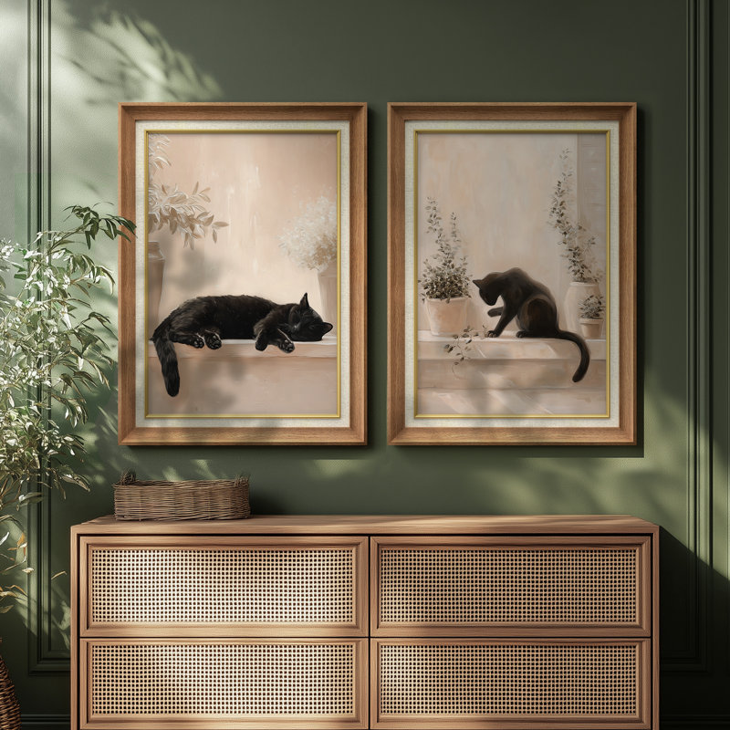 «Cozy Black Cat Window», art neutre - ensemble de 2 reproductions d'art encadrées de qualité supérieure sur papier 26 po x 36 po
