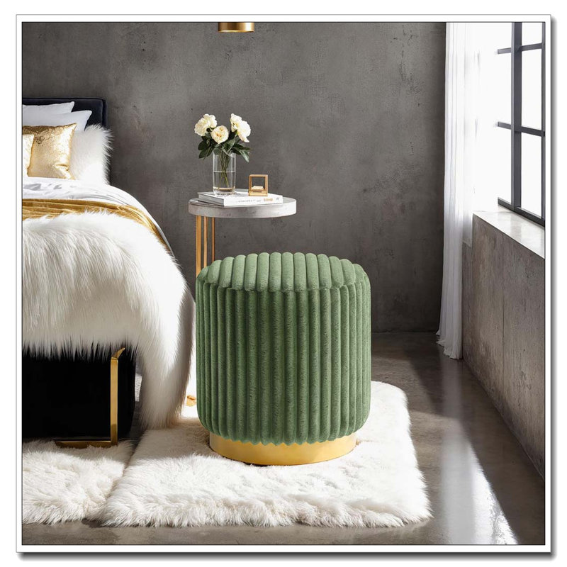 Channel‑Tufted Accent Stool – Green Fur‑like Fabric – Gold Stainless Steel Base, Green