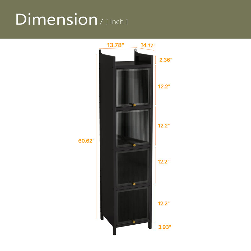 Modern Four-Tier Glass Door Cabinet With Featuring Five-Tier Storage, For Entryway Living Room Bathroom Dining Room, Black