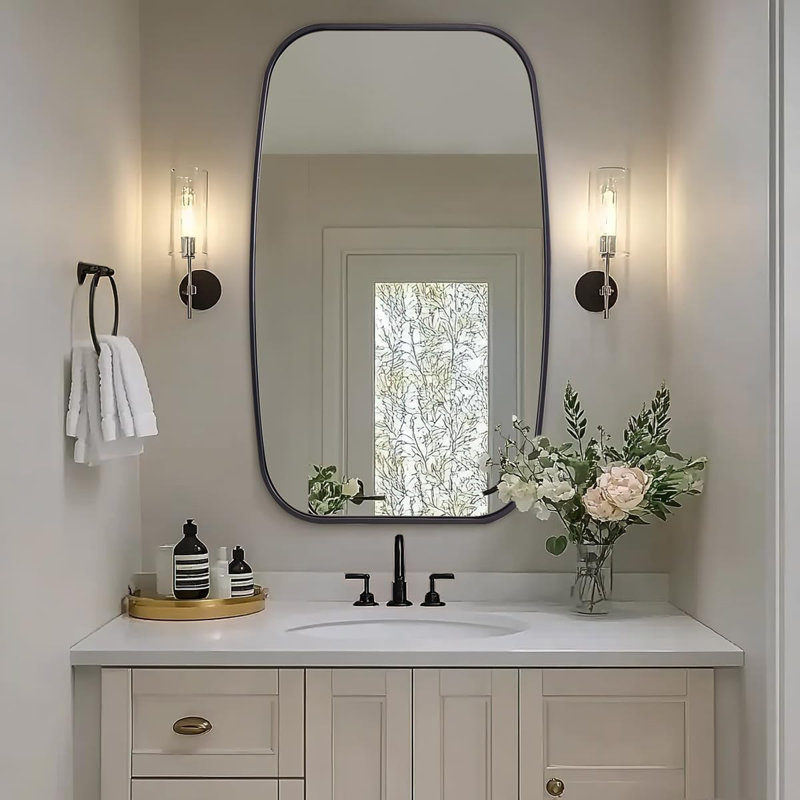 Miroir de salle de bain contemporain | Cadre épais en acier inoxydable, Noir mat, 40 po x 24 po
