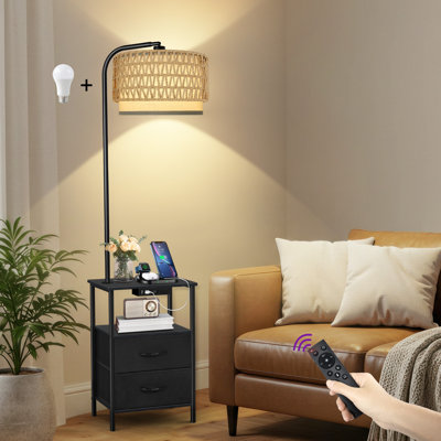 Lampe sur pied 63,19 "avec table et table de bout à double abat-jour en osier télécommandée