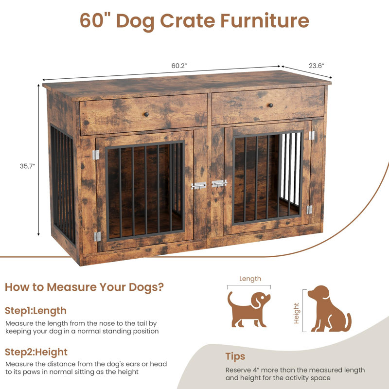Meuble de caisse double robuste pour 2 petits / moyens chiens - Table de bout intérieure avec 2 tiroirs - Maison pour animaux multifonctionnelle et meuble télé - Couleur rétro