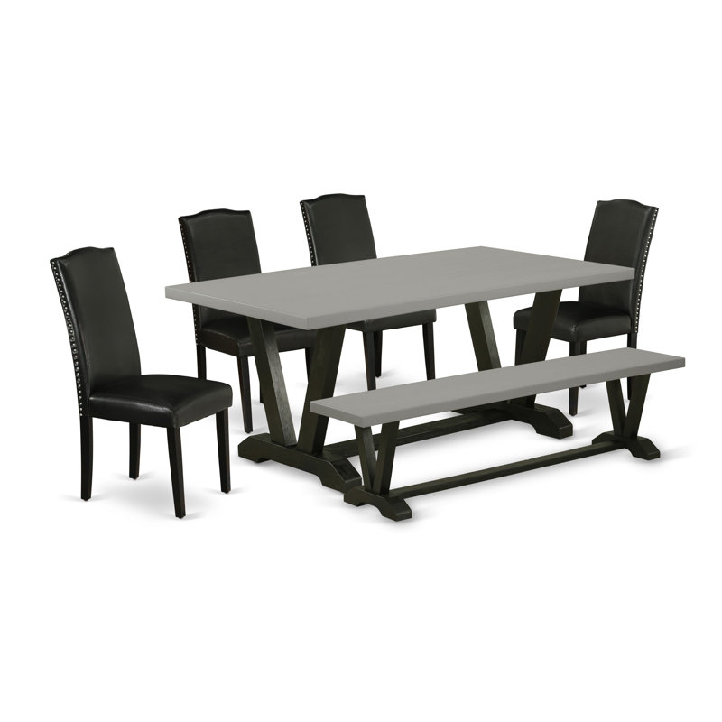 Ensemble de salle à manger 6 pièces - 4 chaises Parson Pu noires, 1 banc en bois et 1 table de salle à manger moderne - Finition noire brossée