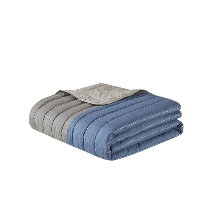 Blue and Taupe Reversible Microfiber Full Quilt Set