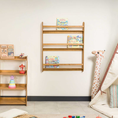 3-Shelf Montessori Wall Mounted Bookshelf for Kids - 29.5" Wooden Nursery Book Display and Storage Rack, Oak Finish