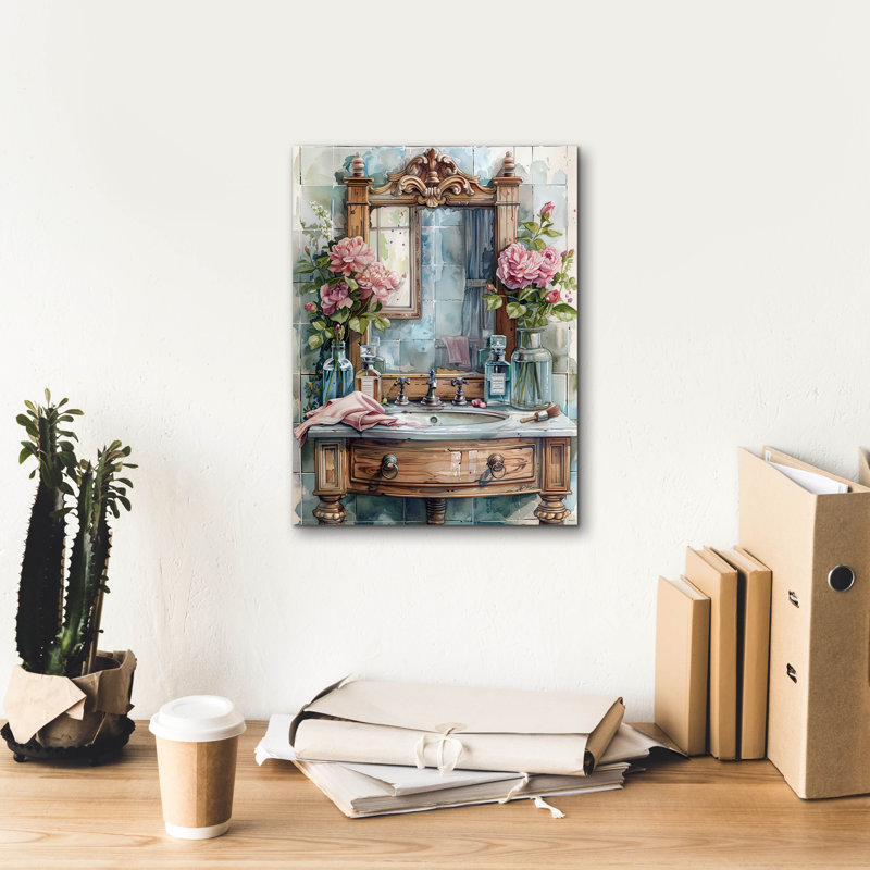 Art mural sur toile Winston Porter «Wooden Sink With Mirror» par Momart, H 16 po x l 12 po x P 0,75 po