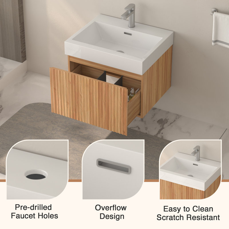 24'' Acacia Wall-Mounted Floating Vanity w/Integrated Basin, 24"