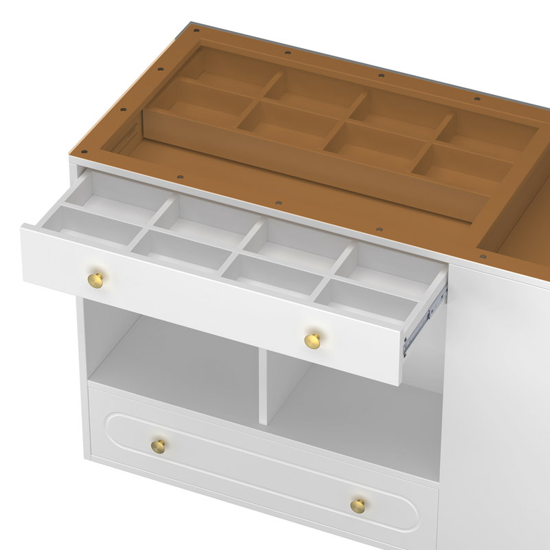 Closet Island With 6 Drawers, Wardrobe Armoire Bedroom Island With Glass Display Top And Open Shelves, Jewelry Storage Vanity Island With Compartments, Walk-In Closet Island For Cloakroom, White