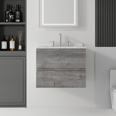 Meuble-lavabo flottant 24 po avec lavabo, meuble-lavabo mural en contreplaqué, tiroirs à fermeture en douceur, comptoir et dosseret en marbre de culture blanc de Carrare, gris