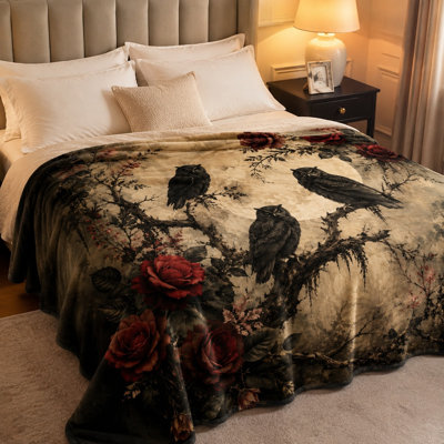 Gothic Owl Rose Moonlight Throw Blanket, Dark Academia Cozy Plush Bed Blanket for Sofa, Couch, Bedroom, Living Room Home Decoration