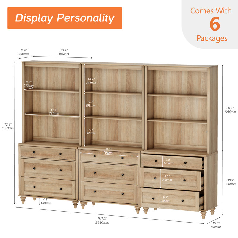Sideboard Cabinet With Bar Hutch, Buffet Cabinet With Drawers And 3 Tier Shelves, Oak, 101''