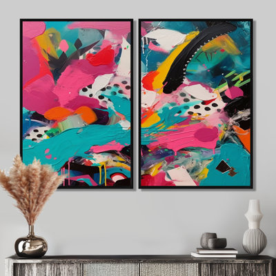 Pink And Turquoise Abstract Enigma II - Abstract Large Canvas Wall Art 2-Panels