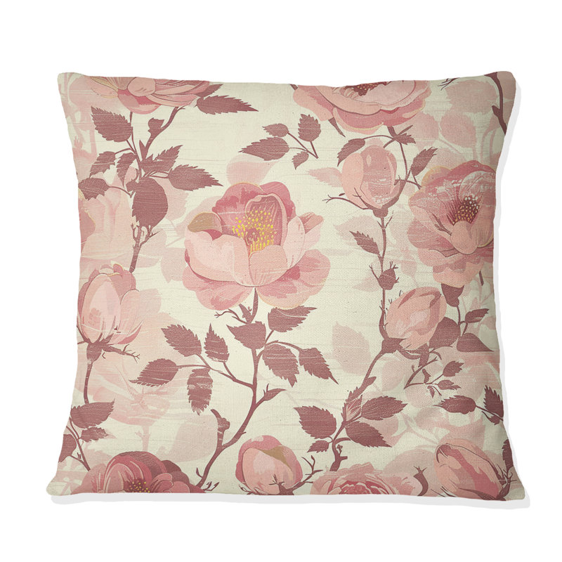 Coussin décoratif moderne beige et rose avec motif floral moderne, H 18 po x l 18 po