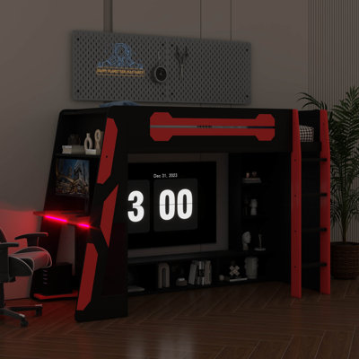 Lit mezzanine simple pour les joueurs adolescents et adultes, comprend un bureau, des unités de rangement, une échelle, une barrière de sécurité et des lumières DEL