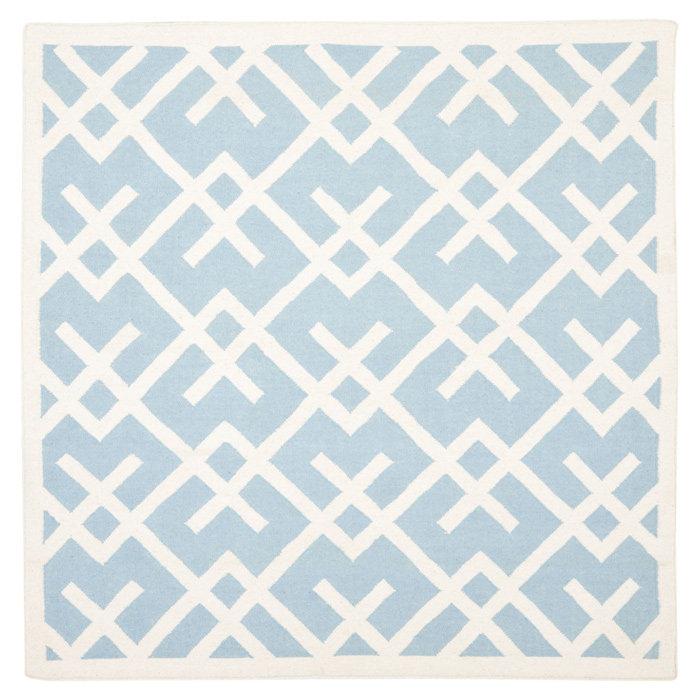 Fung Hand Woven Flat Weave Wool/Cotton Geometric Rug in Light Blue/Ivory
