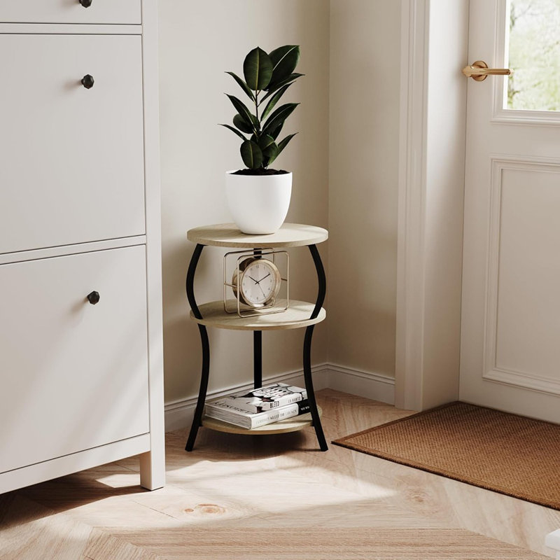 Table de bout ronde à 3 niveaux avec tablette de rangement - 15,75 x 24 po - Table de chevet rétro pour la chambre à coucher ou le salon - Chêne