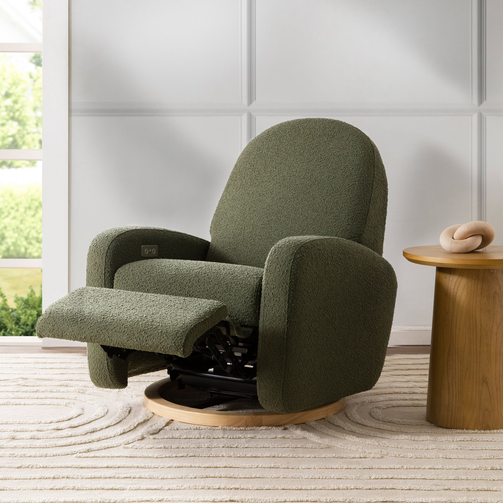 Nami Electronic Recliner and Swivel Glider Recliner in Shearling with USB port, Olive Boucle