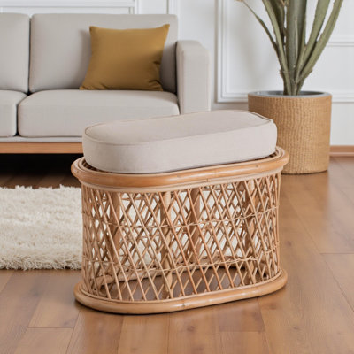 Adriel Oval Shape Ottoman Footstool in Natural Brown Rattan, 14.49" H X 23.32" W X 14.27" D
