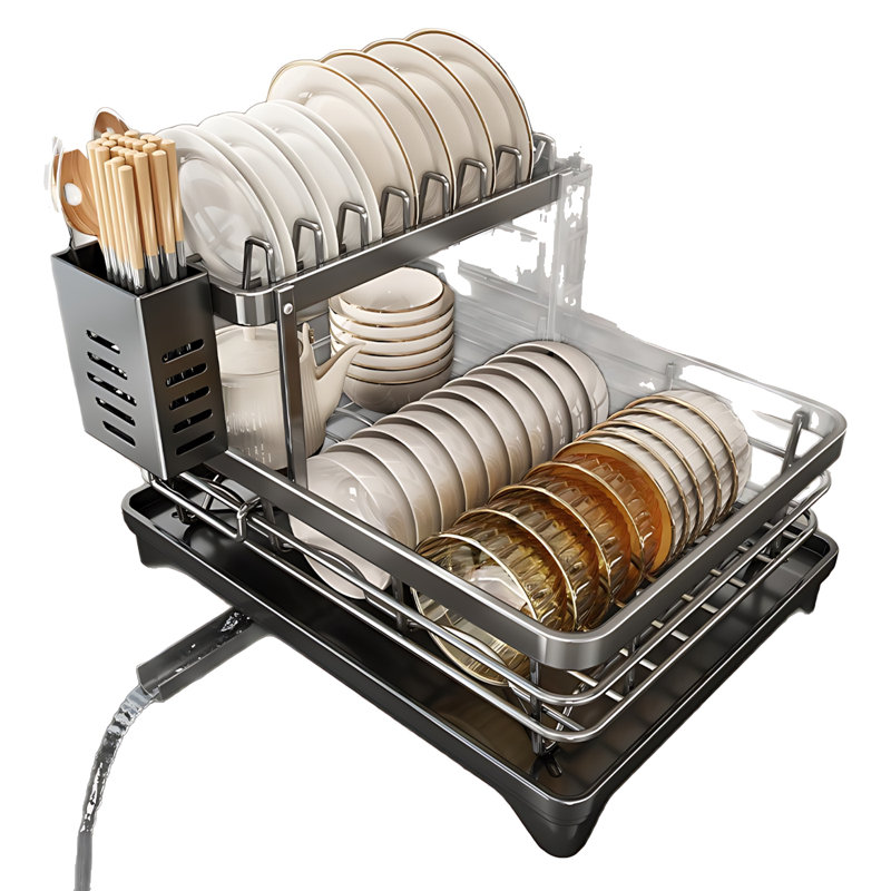 Stainless Steel Dish Drainer Rack 2-Tier Kitchen Sink Organizer Utensil Holder With Drainboard For Drying Storage