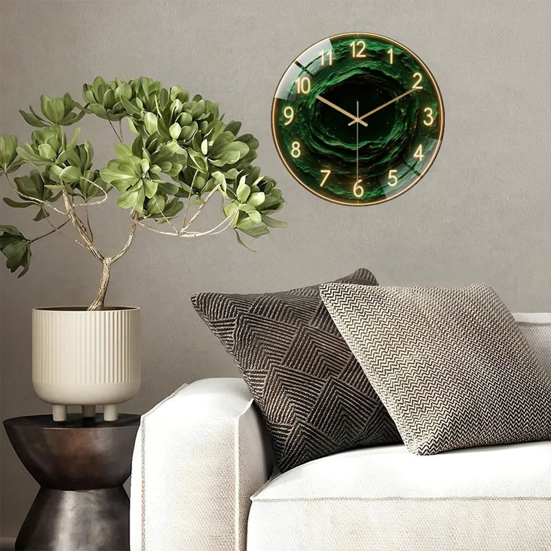 Neon Numbers Green Cosmic Vortex Art - 12'' Modern Glass Wall Clock
