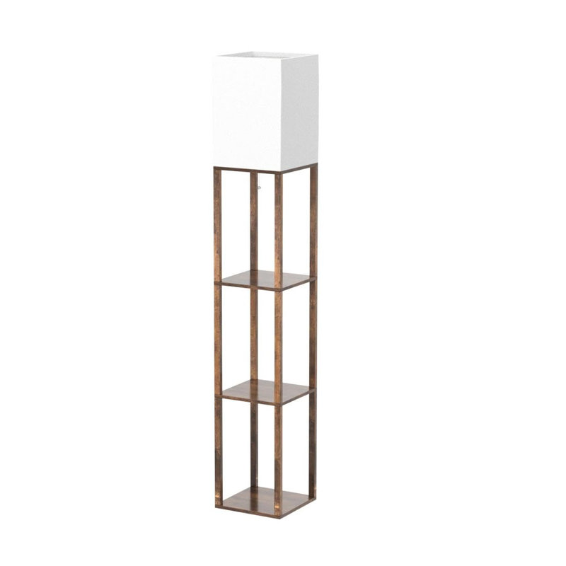 Floor Lamp With Shelves, Shelf Floor Lamp With Wireless Charger & 2 Charging Usb Ports & Drawer, Brown
