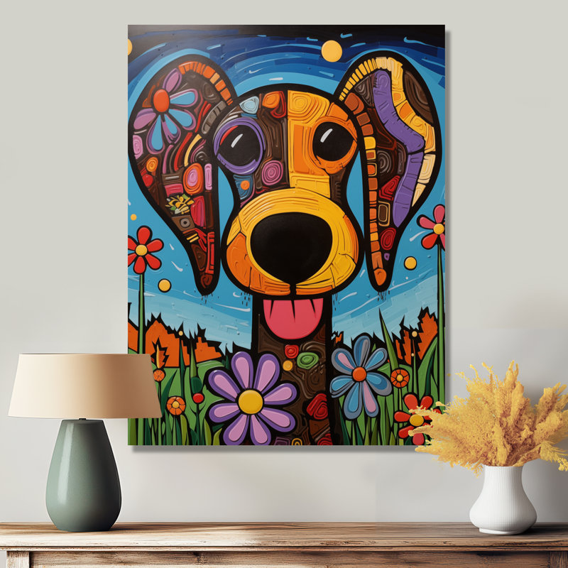 Portrait géométrique multicolore de chien - Décoration murale chien, H 20 po x l 12 po x P 1 po, Toile tendue