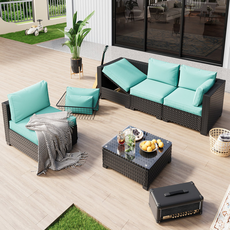 Fully Assembled Chairs, 4-Person Patio Conversation Set Black Chaise Lounge Modular Seating Outdoor Furniture With Waterproof Cover