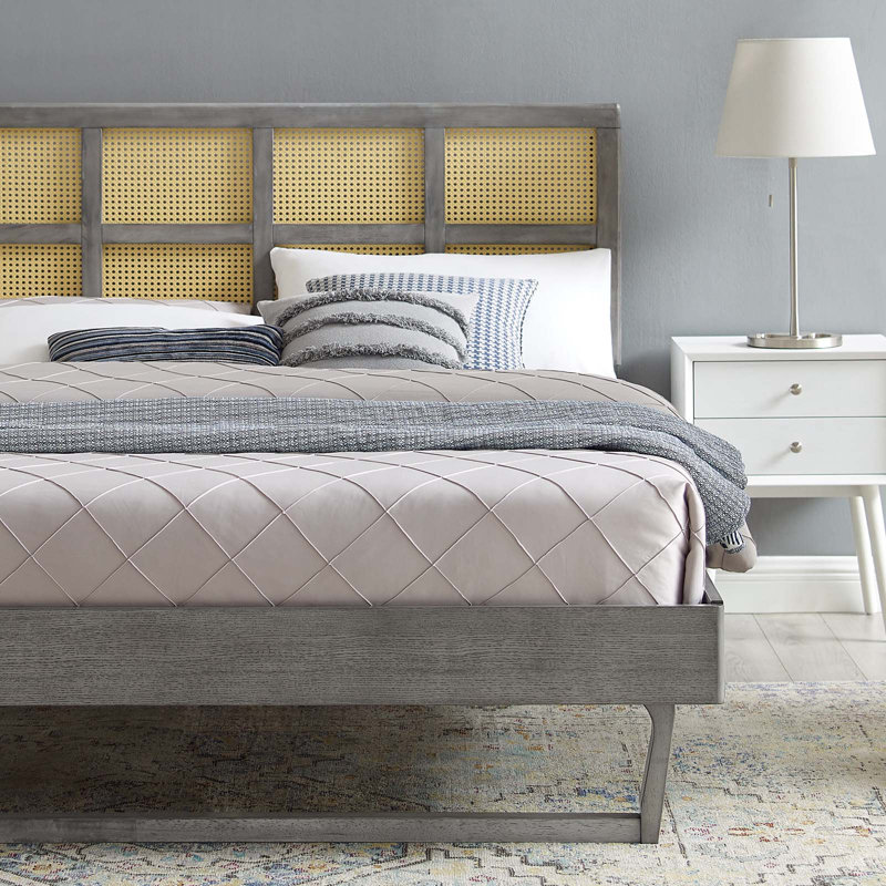 Gray Queen Wood Platform Bed with Cane Headboard