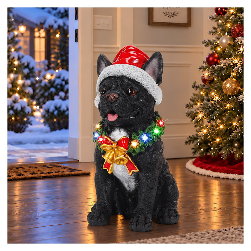 Lighted Christmas French Bulldog Statue with Santa Hat and LED Wreath, Black Resin Frenchie Figurine for Holiday Decor