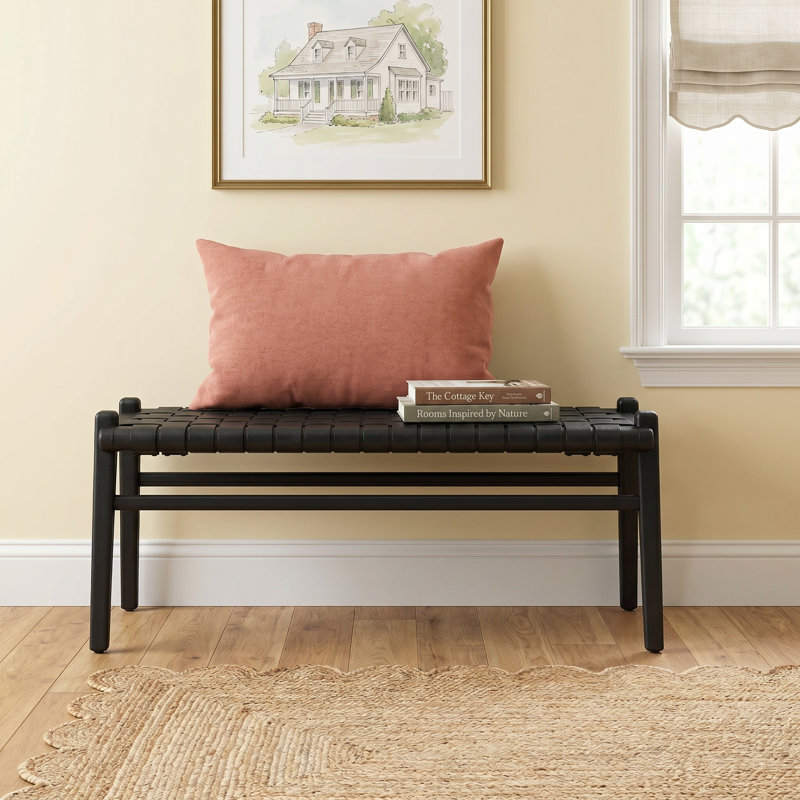 Genuine Leather Upholstered Bench, Black