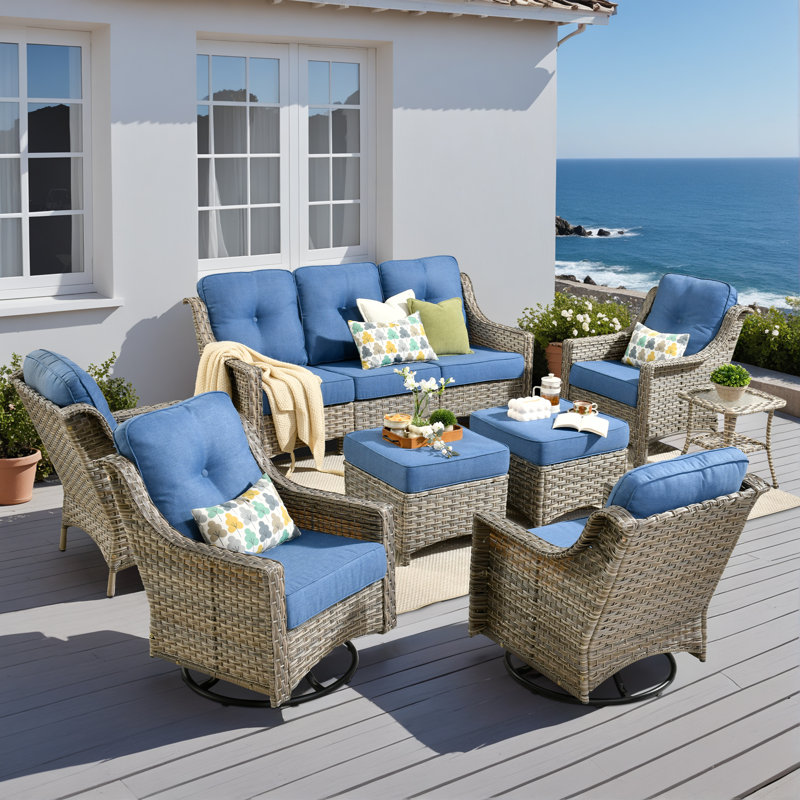 Sturgill 7-Person Outdoor Wicker Patio Furniture Set with Swivel Rocker Chairs&Cushions, All-Weather Rattan Sofa Set for Backyard, Porch & Garden