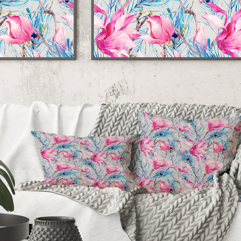 Coussin décoratif avec motif à motif de plumes de paon et de magnolia II