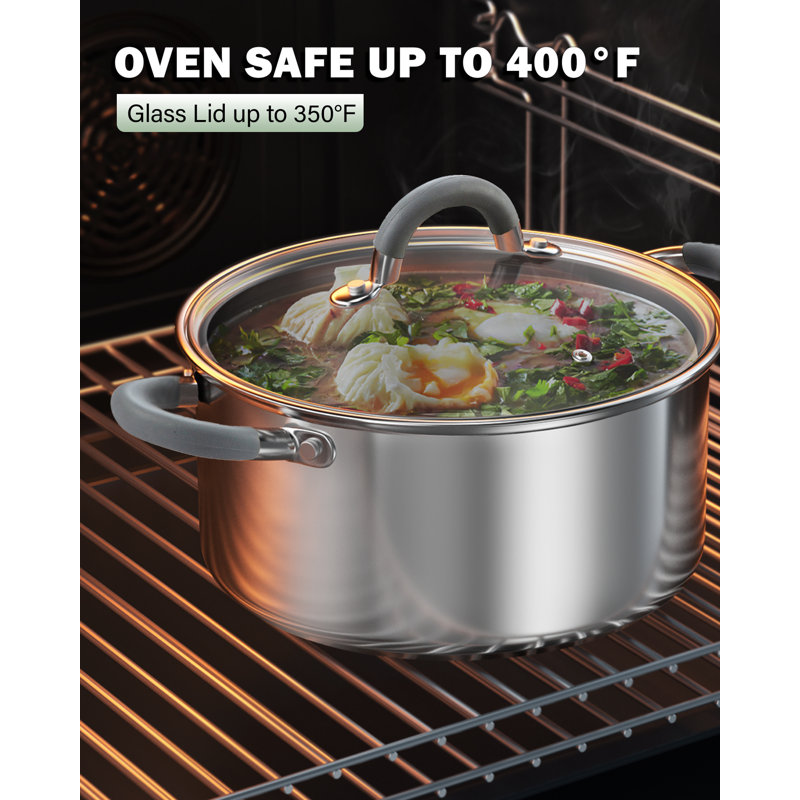 Cook N Home Basics Stainless Steel Cookware Sets, Pots and Pans Set with Stay-Cool Handle, Induction Compatible, Dishwasher and Oven Safe, 12-Piece